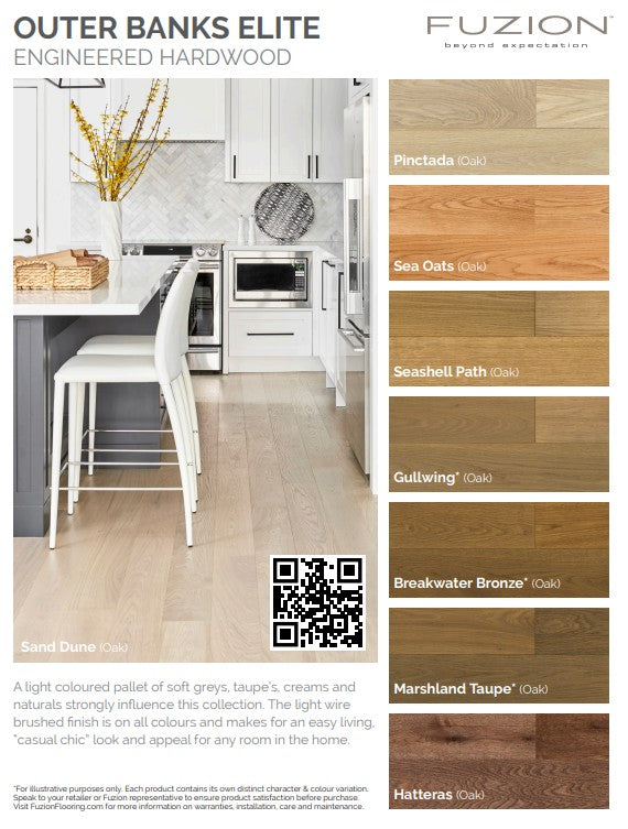 Outer Banks Elite Collection from Fuzion engineered hardwood with kitchen scene and color swatches. 