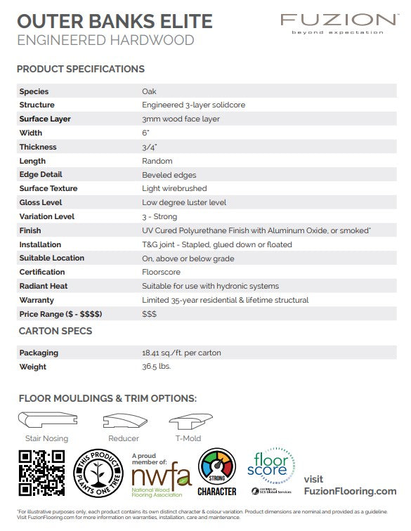 Product specifications sheet for Outer Banks Elite engineered hardwood flooring by Fuzion.
