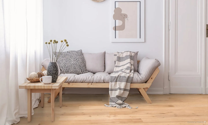 Bright modern living room featuring Rubato engineered oak hardwood flooring – elegant and durable wood floors installed by Advanced Flooring Waterloo.