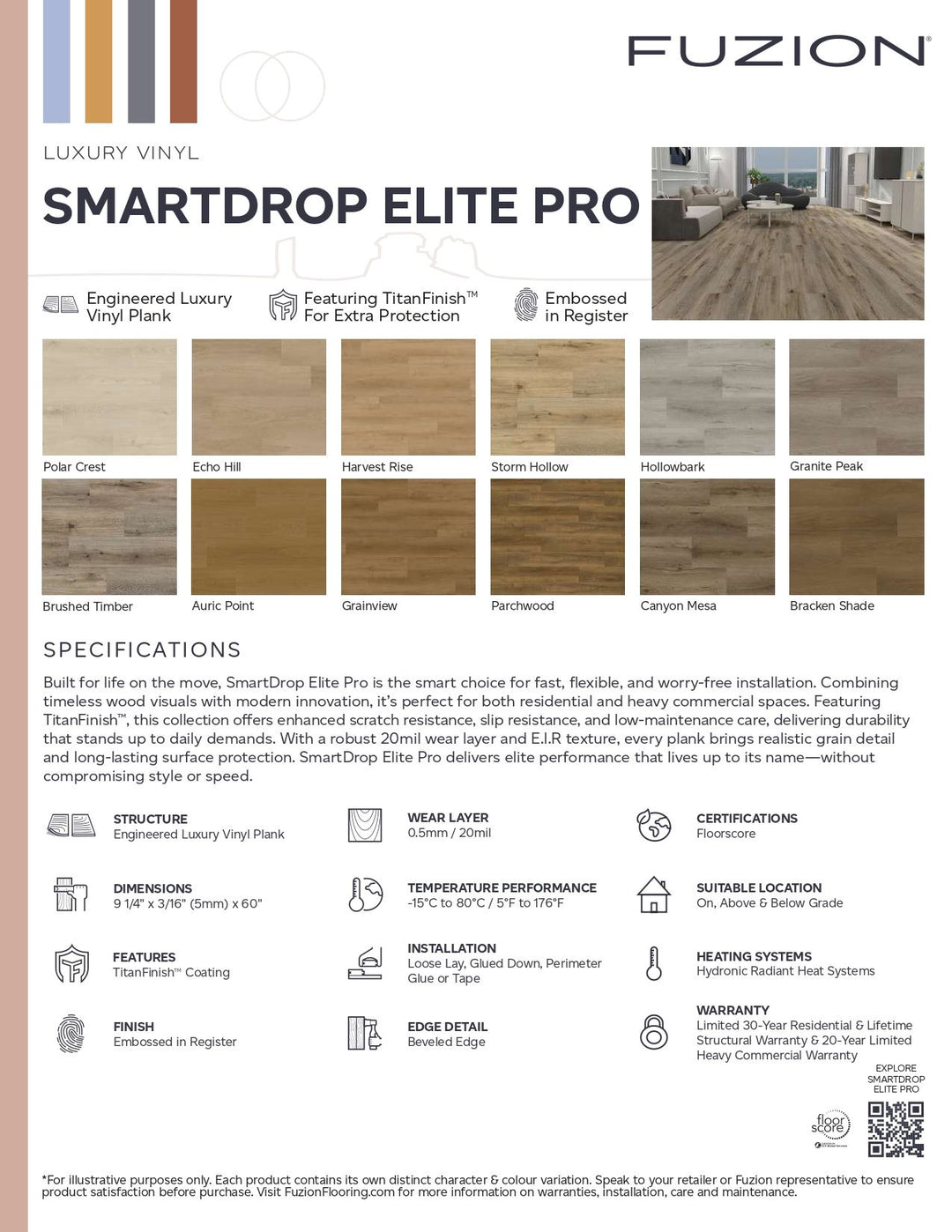 Fuzion Smartdrop Elite Pro luxury vinyl flooring product sheet with color options and specifications.