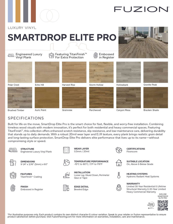 Fuzion Smartdrop Elite Pro luxury vinyl flooring product sheet with color options and specifications.