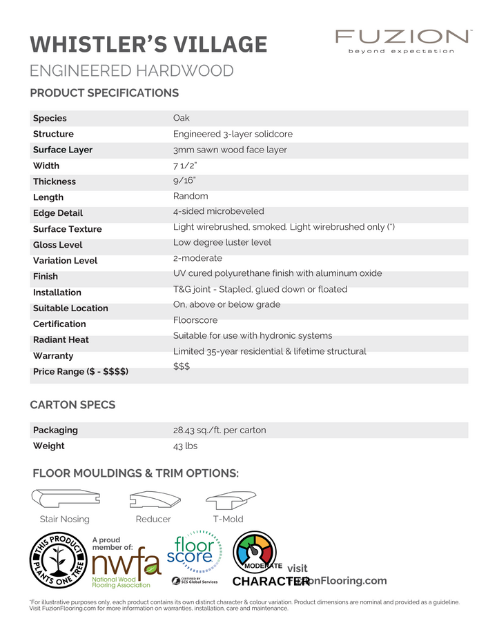 Product specifications for Fuzion Whistler's Village engineered hardwood flooring.