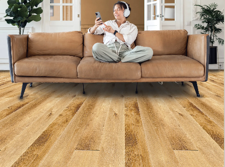 Gallery Louvre engineered oak hardwood flooring installed in a modern interior with wide 8 1/2 inch planks, from Fuzion’s Nouveau Renaissance Collection. Canada-wide delivery Available. 