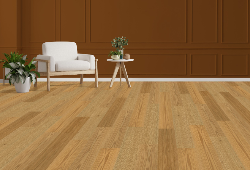 Gentle Graze engineered oak hardwood flooring installed in a modern room, featuring wide 7.5" x 3/4" planks, 3mm veneer layer. Canada-wide delivery available. 