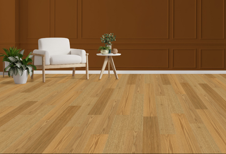 Gentle Graze engineered oak hardwood flooring installed in a modern room, featuring wide 7.5" x 3/4" planks, 3mm veneer layer. Canada-wide delivery available. 