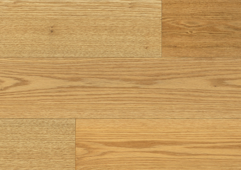 Close-up of Fusion Gentle Graze 7.5" engineered oak hardwood flooring from Velvet Grove collection showing strong 3mm veneer layer, T&G joint, and 3/4" thick plank. Available at Advanced Flooring Waterloo.