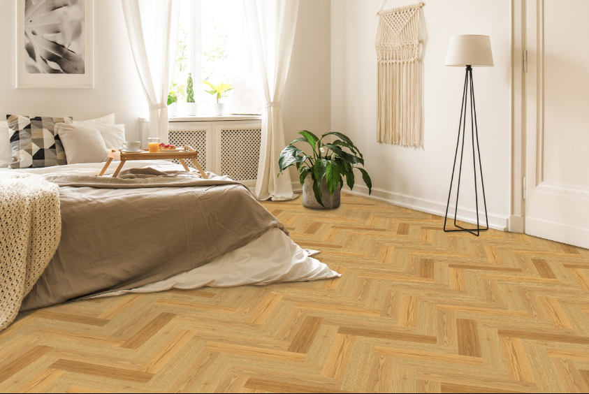 Gentle Graze engineered oak hardwood flooring installed in a modern room, featuring wide 4-3/4" x 3/4" planks, 3mm veneer layer, and natural wire-brushed finish. Canada-wide delivery available. 