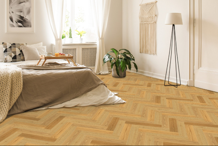 Gentle Graze engineered oak hardwood flooring installed in a modern room, featuring wide 4-3/4" x 3/4" planks, 3mm veneer layer, and natural wire-brushed finish. Canada-wide delivery available. 