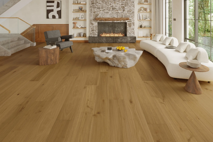 Gilded - Fuzion Beaux Arta white oak engineered hardwood flooring, 4mm face layer, 3/4" thickness featuring a wide plank design, natural wood grain texture. Shop at Advanced Flooring Waterloo. 