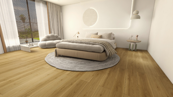 Glendale Fuzion FuzGuard waterproof laminate flooring installed in modern living space, durable AC4 12mm planks. Available at Advanced Flooring Waterloo.