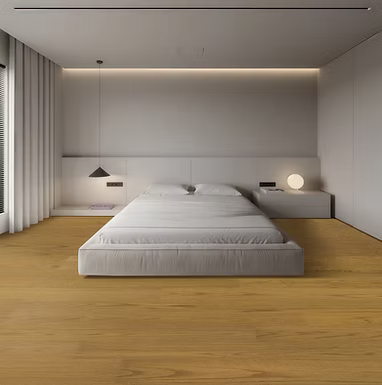 Modern bedroom with a bed, nightstands, and wall lights.