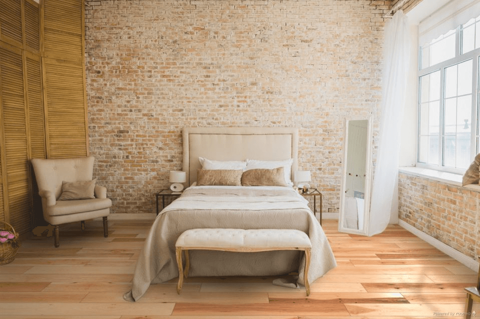 Golden Sands engineered hickory hardwood flooring installed in a modern interior with wide 7-1/2" planks & 2mm Veneer. Canada-wide delivery Available. 