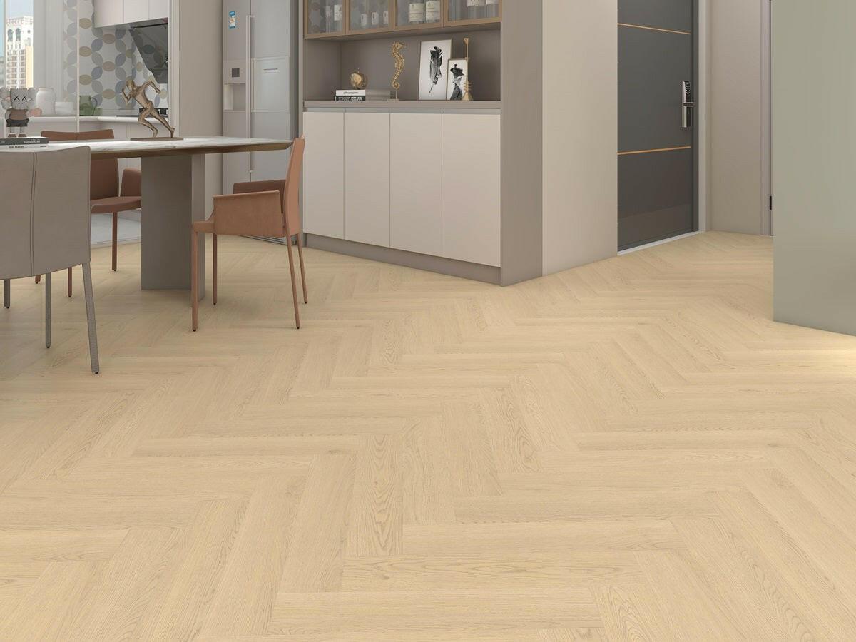 Beautiful room with 7mm vinyl installed in herringbone style in the colour H01 PRESTIGE NATURAL by Woden Flooring.