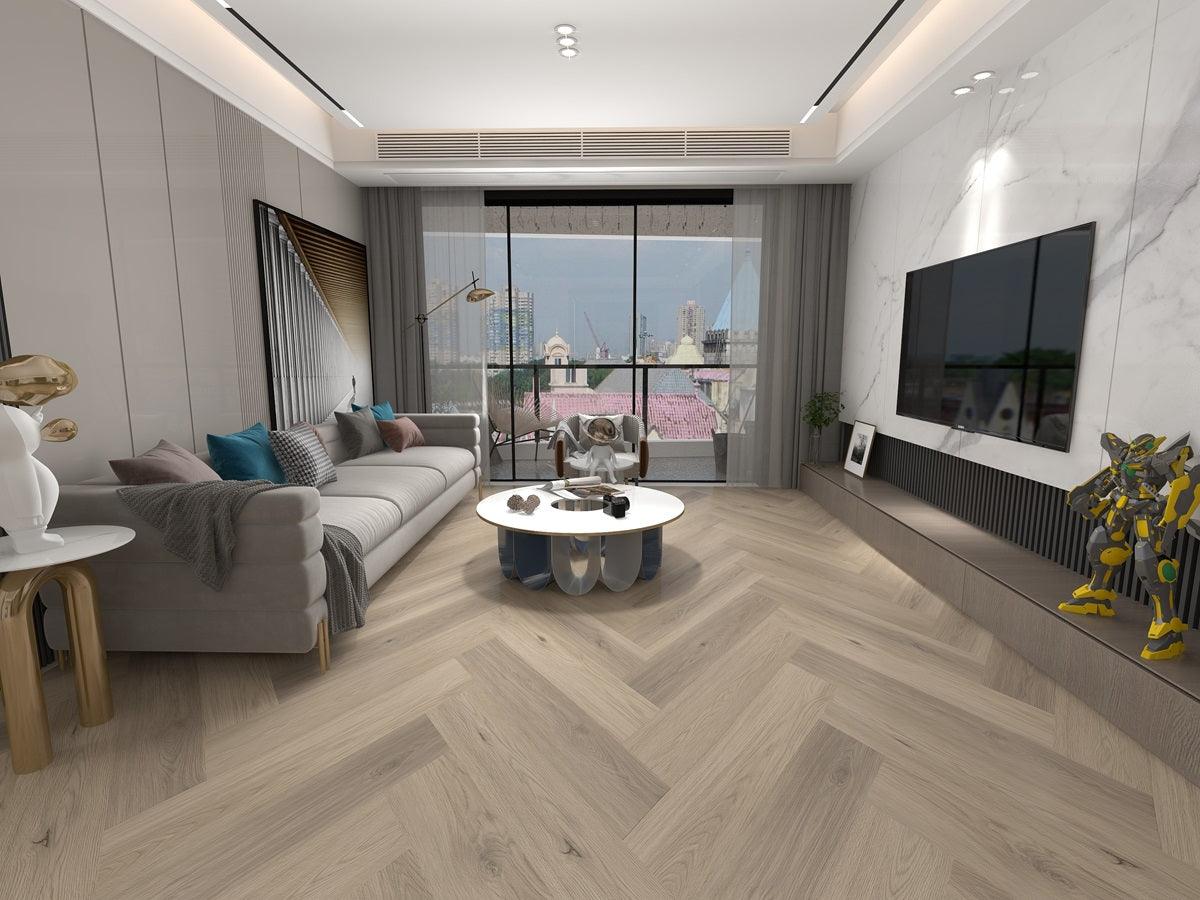 Beautiful room with 7mm vinyl installed in herringbone style in the colour H02 SEASIDE MOTEL by Woden Flooring.