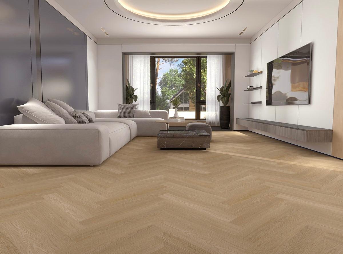 Beautiful room with 7mm vinyl installed in herringbone style in the colour H03 HONEY OAK by Woden Flooring.