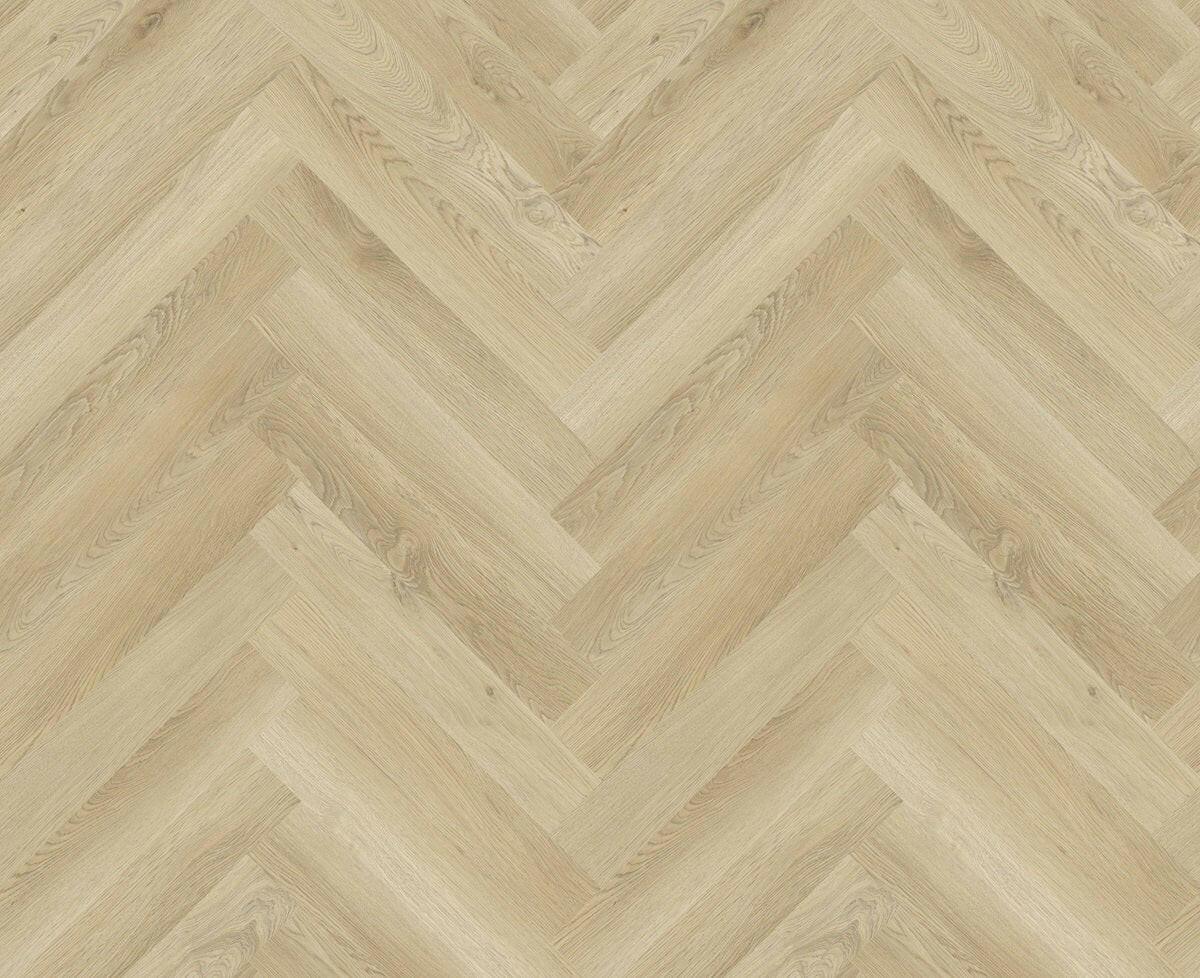 Close up of 7mm vinyl herringbone collection in the colour H04 LIGHT CHAMPAGNE by Woden Flooring sold by Advanced Flooring in Kitchener-Waterloo.