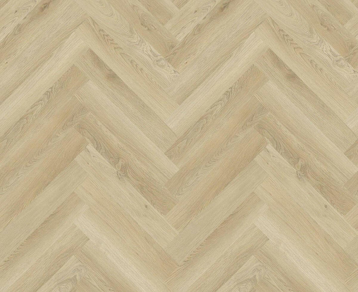 Close up of 7mm vinyl herringbone collection in the colour H04 LIGHT CHAMPAGNE by Woden Flooring sold by Advanced Flooring in Kitchener-Waterloo.