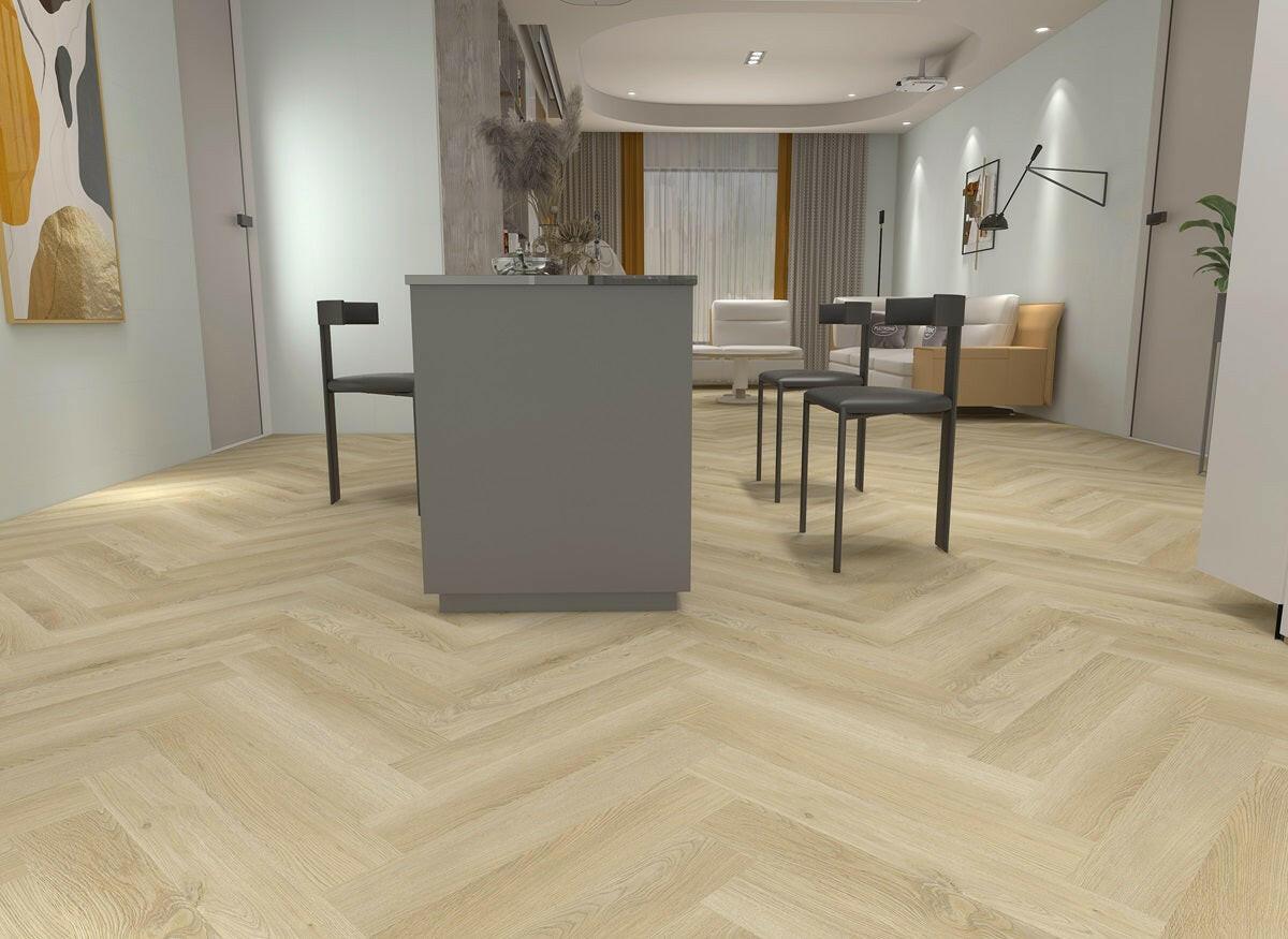 Beautiful room with 7mm vinyl installed in herringbone style in the colour H04 LIGHT CHAMPAGNE by Woden Flooring.