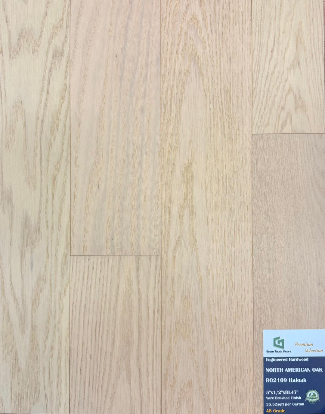 Close-up of Haloak RO2109 - Green Touch 5"*1/2" click Red Oak engineered hardwood flooring sample. Available at Advanced Flooring Waterloo. 