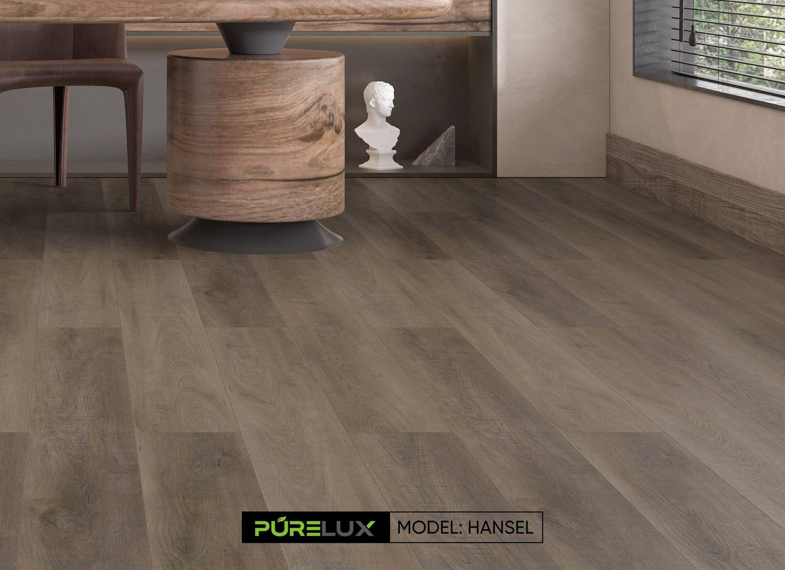 A bright and inviting room showcasing the rich, brown tones of Purelux vinyl plank flooring.