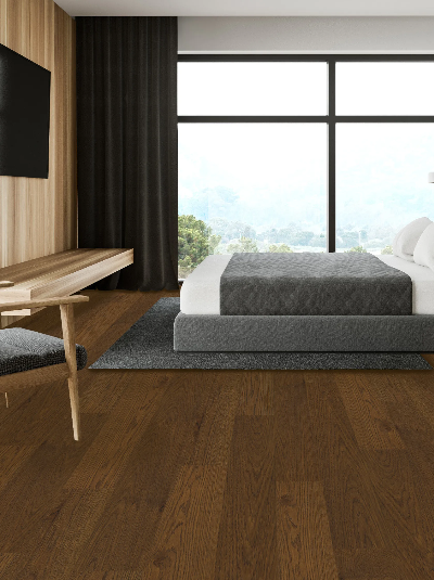 Hazel Caress engineered oak hardwood flooring installed in a modern interior with wide 6 1/2 inch planks, from Fuzion’s Demure Collection. Canada-wide delivery Available. 