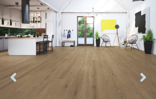 A modern room which displays the beautiful look of Hazelnut premium engineered hardwood flooring from Toucan.