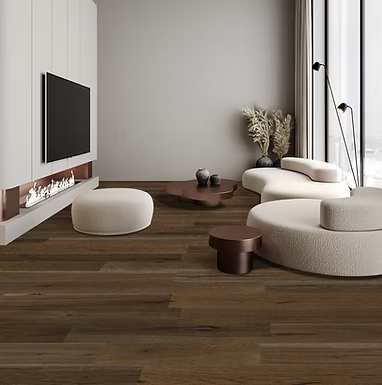 Modern living room with a fireplace, TV, and stylish furniture.