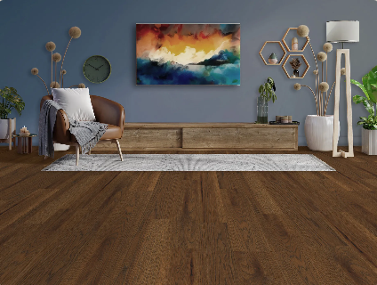 High Noon engineered hickory hardwood flooring installed in a modern interior with wide 8 1/2 inch planks, from Fuzion’s Nouveau Renaissance Collection. Canada-wide delivery Available. 