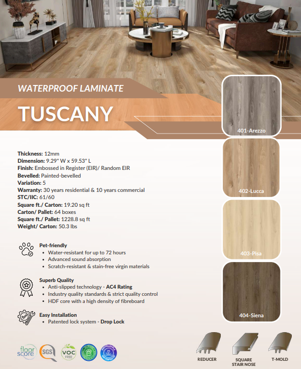 Advertisement for Tuscany waterproof laminate flooring with product details and color options.