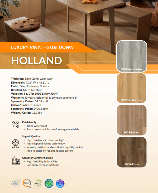 Product information sheet for luxury vinyl flooring with color swatches and specifications.