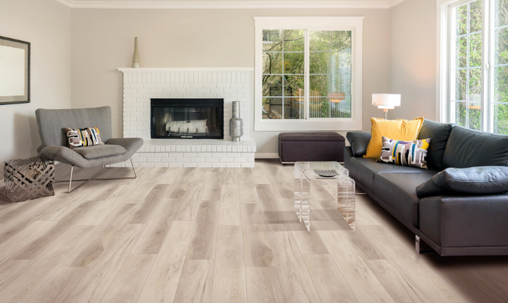 Room view of Hoover waterproof plank flooring by Fuzion FuzGuard featuring realistic wood-look texture and durable AC4-rated finish. 