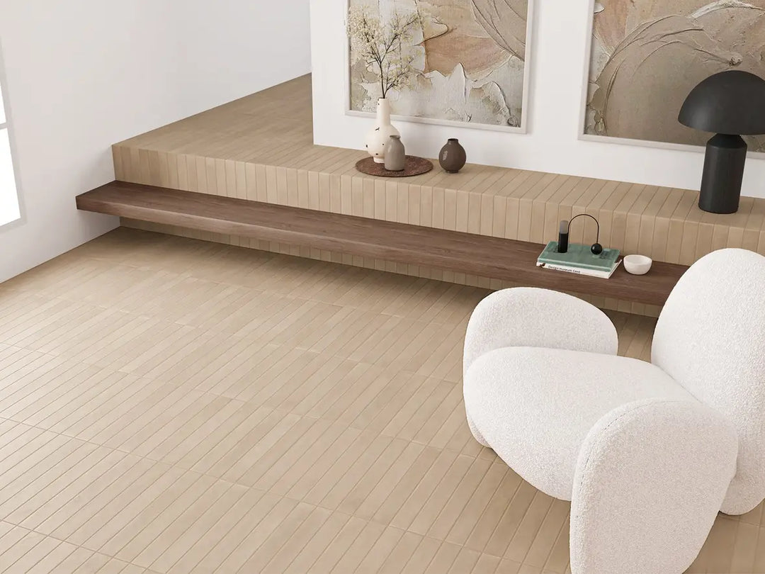 Modern interior with a wooden shelf, white chair, and decorative items.