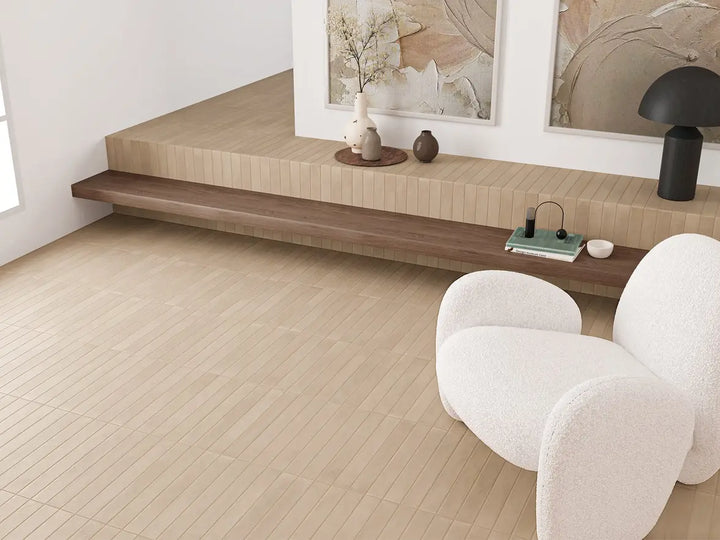 Modern interior with a wooden shelf, white chair, and decorative items.
