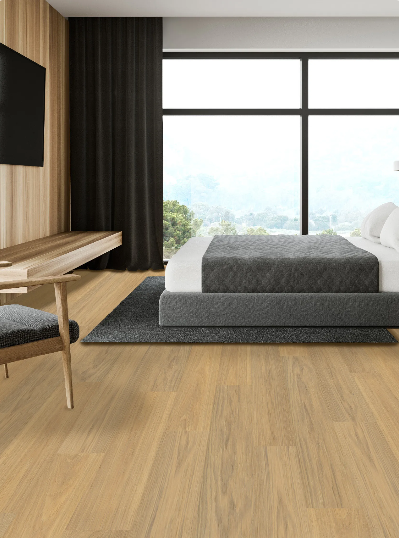 Hushed Hue engineered oak hardwood flooring installed in a modern interior with wide 6 1/2 inch planks, from Fuzion’s Demure Collection. Canada-wide delivery Available. 