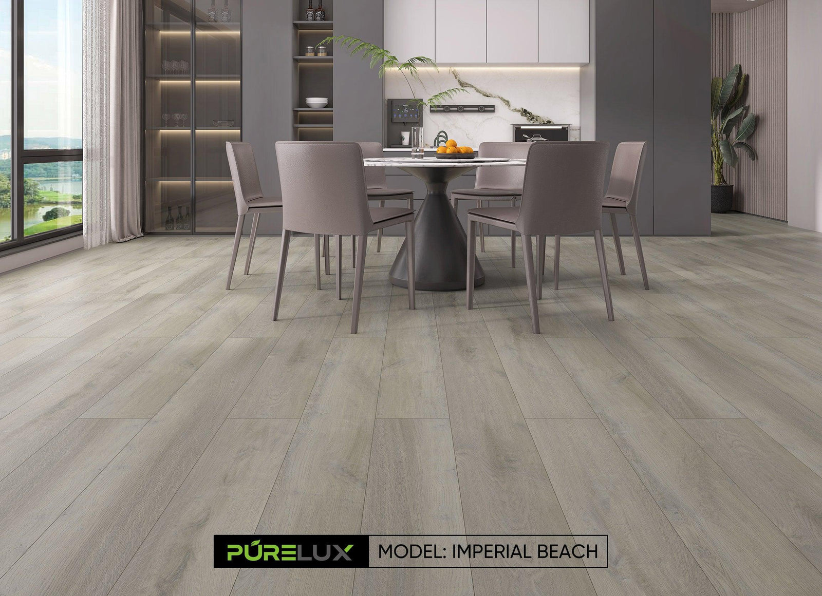 A bright and inviting kitchen showcasing the rich, gray brown tones of Purelux wide vinyl plank flooring.