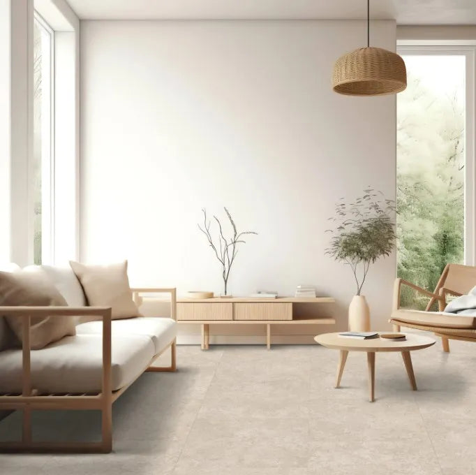 Purelux's Kentville 5 mm SPC vinyl tile from the Dynamic Tile Drop Series is installed in a modern house, showcasing a realistic tile look. Available at Advanced Flooring. 