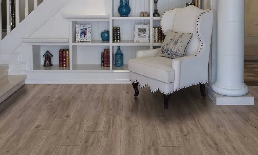 Kurobe Fuzion FuzGuard waterproof laminate flooring installed in modern living space, durable AC4 12mm planks. Available at Advanced Flooring Waterloo.