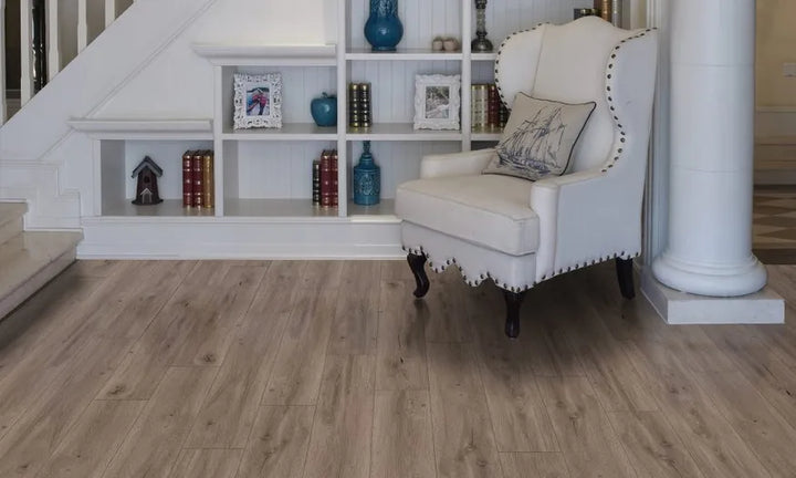 Kurobe Fuzion FuzGuard waterproof laminate flooring installed in modern living space, durable AC4 12mm planks. Available at Advanced Flooring Waterloo.