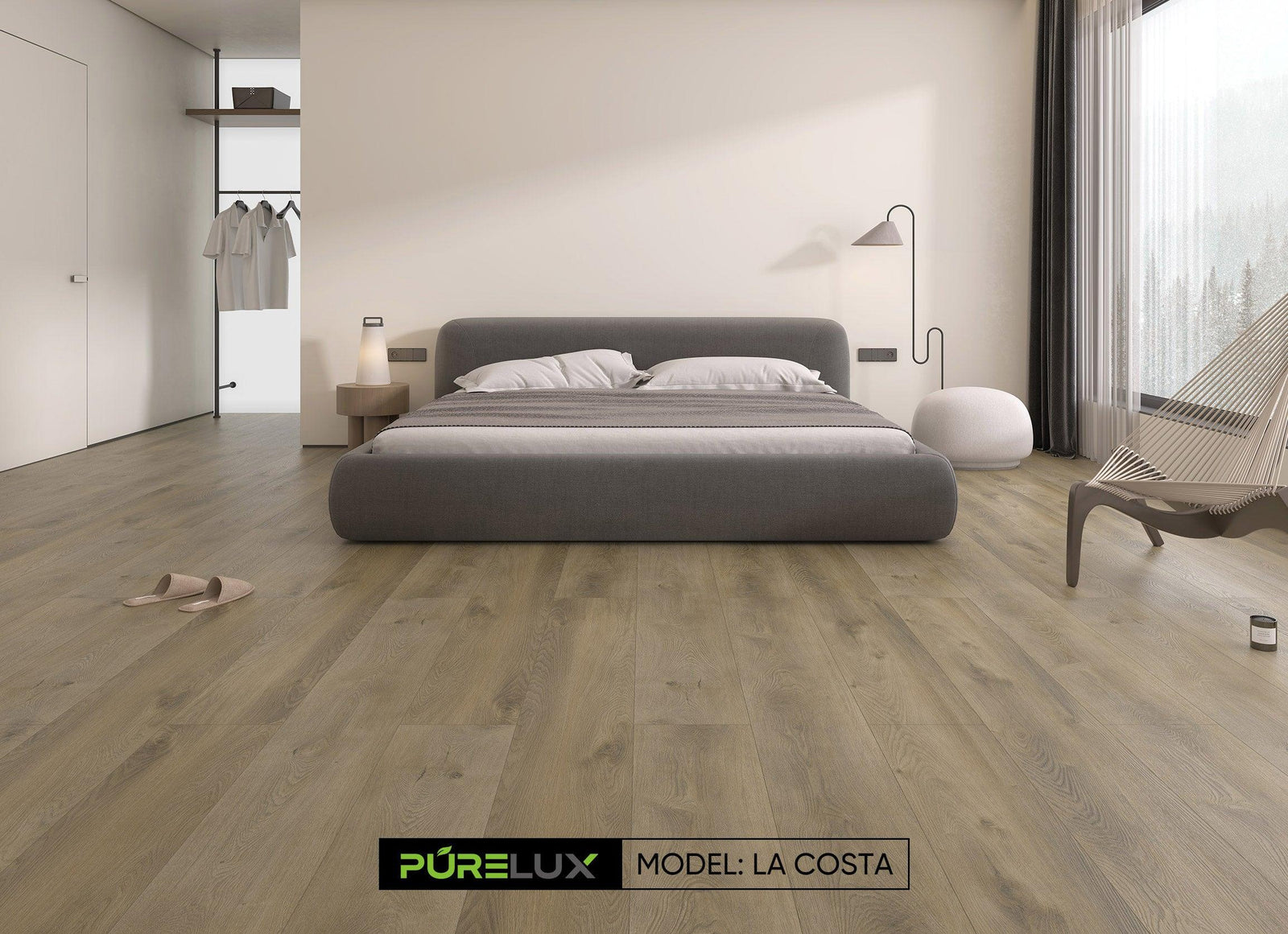 A bright and inviting bedroom showcasing the rich, medium brown tones of Purelux vinyl plank flooring.