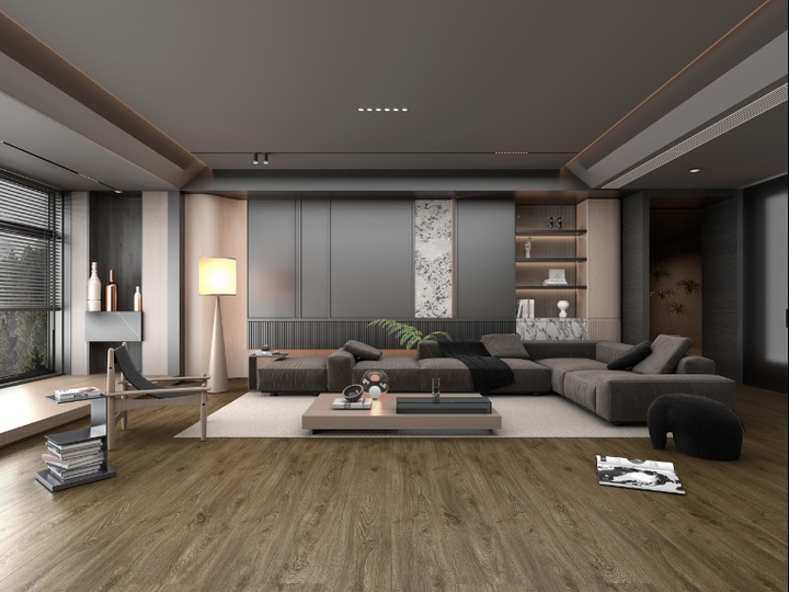 Lake Placid Fuzion FuzGuard waterproof laminate flooring installed in modern living space, durable AC4 12mm planks. Available at Advanced Flooring Waterloo.