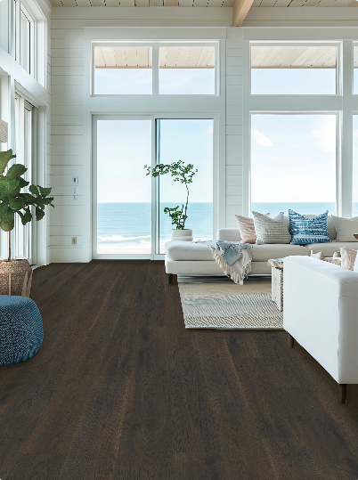 Lighthouse Shadow engineered oak hardwood flooring installed in a modern interior with wide 7-1/2" planks & 2mm Veneer. Canada-wide delivery Available. 