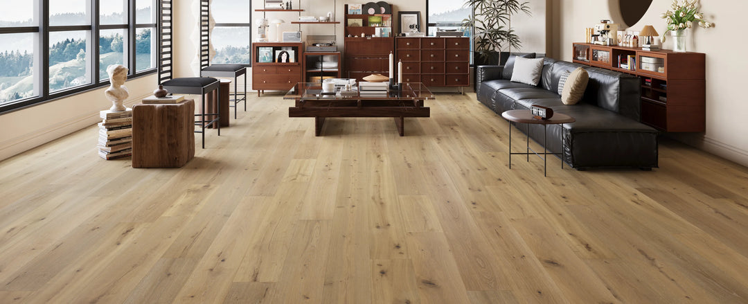 Lodge Pole - Fuzion TruNorth white oak engineered hardwood flooring, 3mm face layer, 9/16" thickness featuring a wide plank design, natural wood grain texture. Shop at Advanced Flooring Waterloo. 