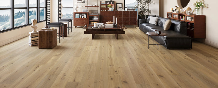 Lodge Pole - Fuzion TruNorth white oak engineered hardwood flooring, 3mm face layer, 9/16" thickness featuring a wide plank design, natural wood grain texture. Shop at Advanced Flooring Waterloo. 