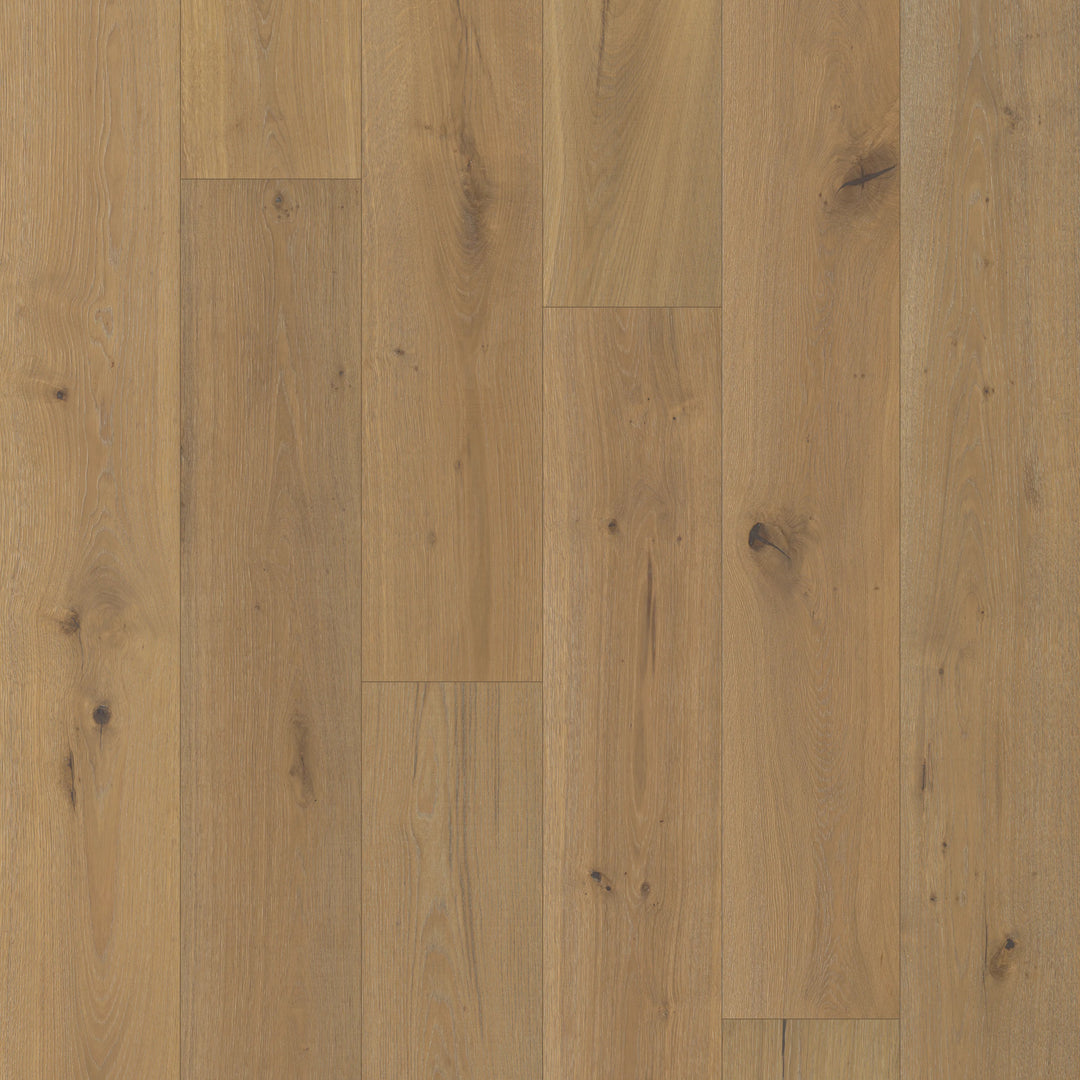 Close up of Lodge Pole by Fuzion TruNorth engineered hardwood flooring featuring wide planks and a durable 3mm top layer.