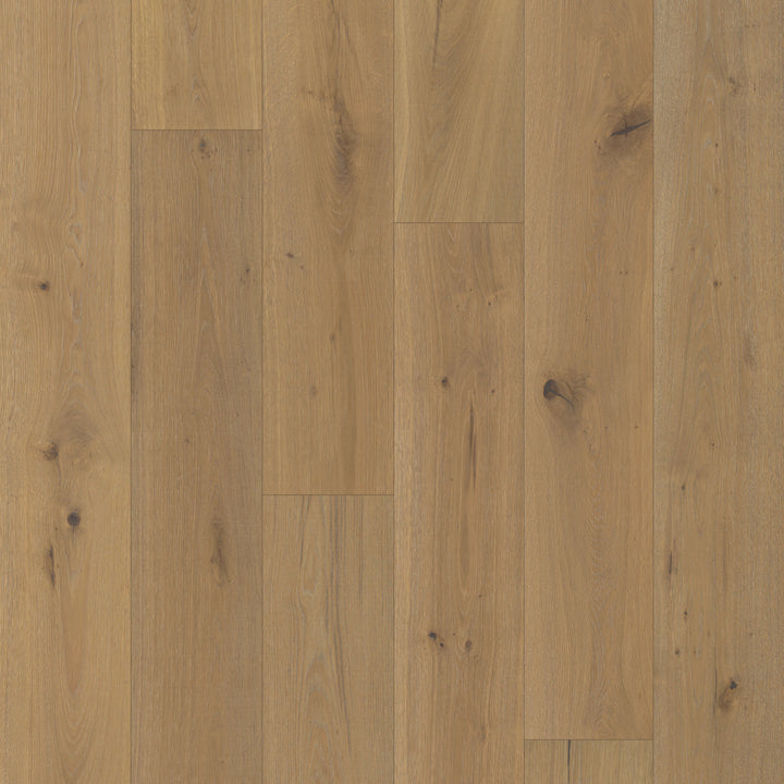 Close up of Lodge Pole by Fuzion TruNorth engineered hardwood flooring featuring wide planks and a durable 3mm top layer.