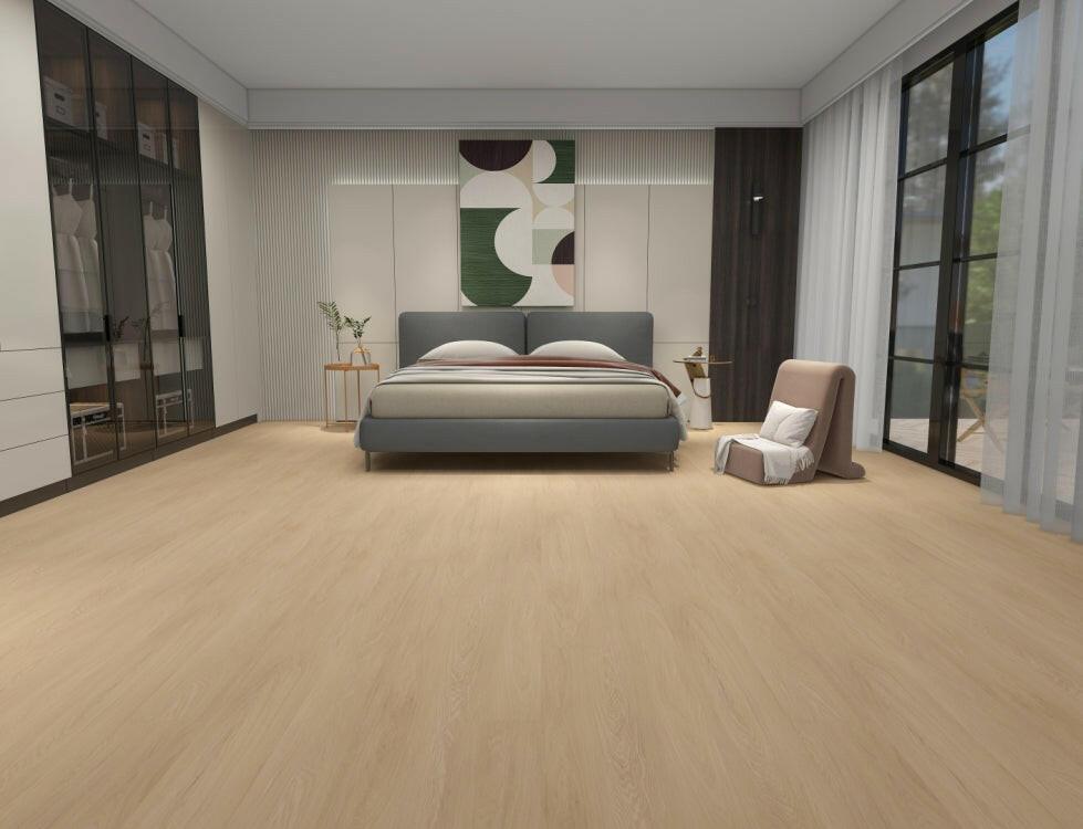 bedroom with London Aquaplus Platinum waterproof vinyl flooring installed