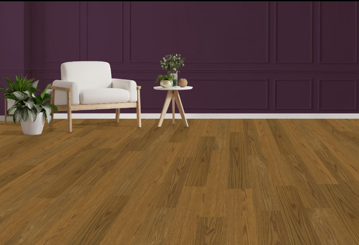 Lumin Essence engineered oak hardwood flooring installed in a modern room, featuring wide 7.5" x 3/4" planks, 3mm veneer layer. Canada-wide delivery available. 