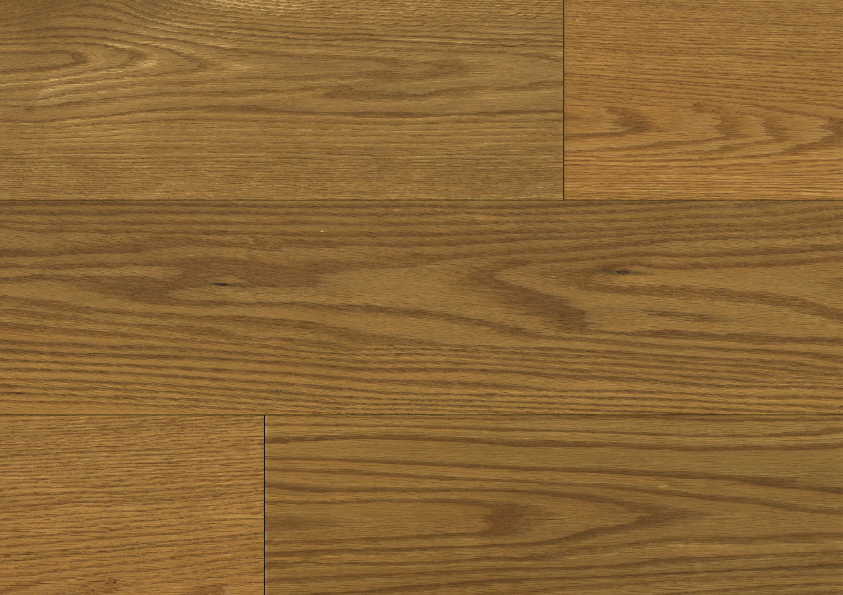 Close-up of Fusion Lumin Essence 7.5" engineered oak hardwood flooring from Velvet Grove collection showing strong 3mm veneer layer, T&G joint, and 3/4" thick plank. Available at Advanced Flooring Waterloo. 