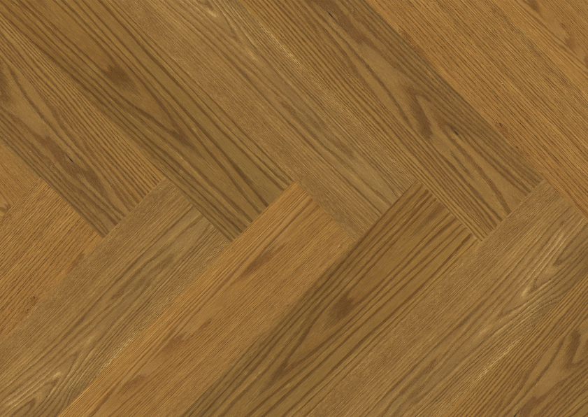 Close-up of Fusion Lumin Essence engineered oak hardwood flooring from Velvet Grove Herringbone collection showing wire-brushed texture, T&G joint, 4-3/4" wide plank detail. Available at Advanced Flooring Waterloo. 