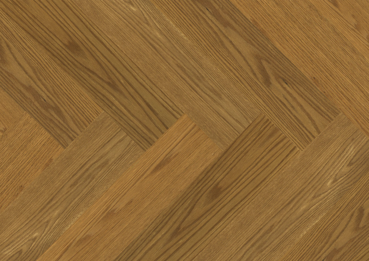 Close-up of Fusion Lumin Essence engineered oak hardwood flooring from Velvet Grove Herringbone collection showing wire-brushed texture, T&G joint, 4-3/4" wide plank detail. Available at Advanced Flooring Waterloo. 